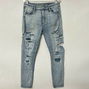 American Eagle Destroyed High Rise Jegging Jeans Super Stretch X Denim Size 14